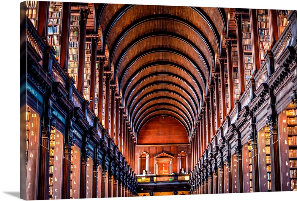 Photograph of the arched wooden ceilings of Trinity College Library, which serves Trinity College and the University of Du...