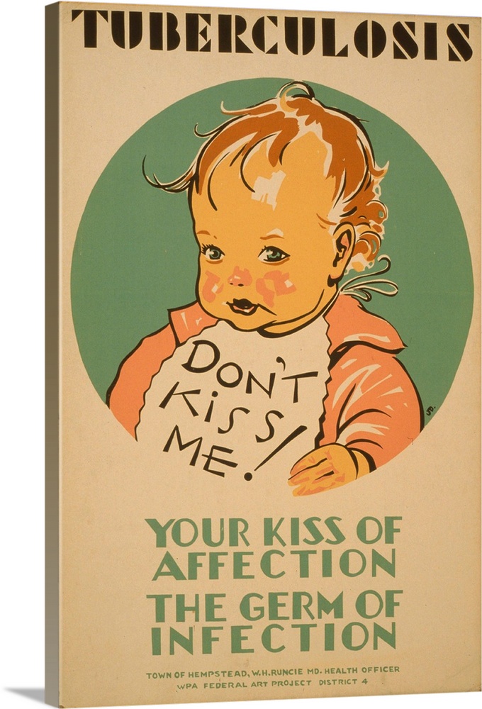 Artwork about tuberculosis in children and methods of transmission, showing a child wearing a bib.