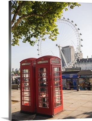 Two Telephone Booths and the London Eye, London, England, UK