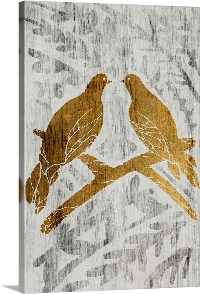 Gold leaf on weathered wood with a fern pattern of two doves on a branch.