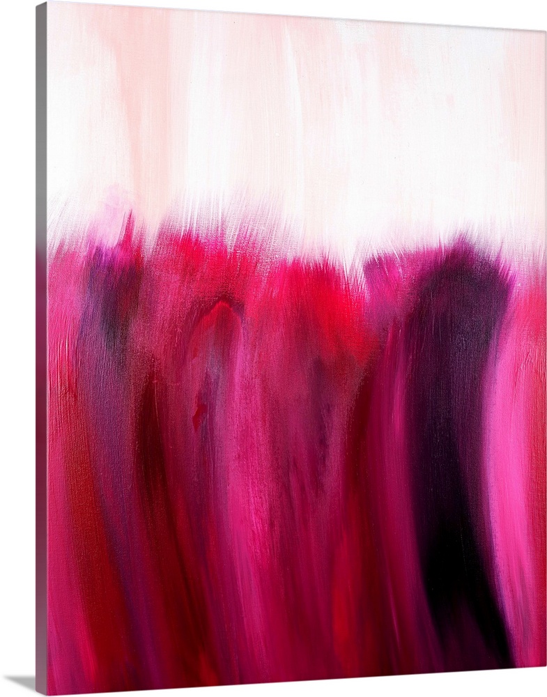 Contemporary abstract in bright shades of pink that feathers into a light colored background on top.
