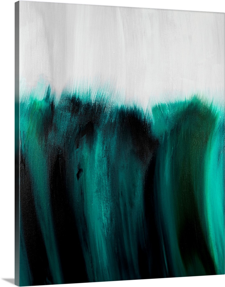 Contemporary abstract in bright shades of teal that feathers into a light colored background on top.