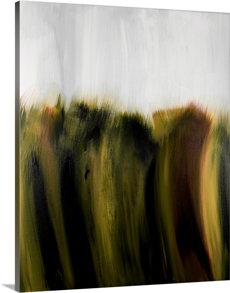 Contemporary abstract in bright shades of yellow with black that feathers into a light colored background on top.