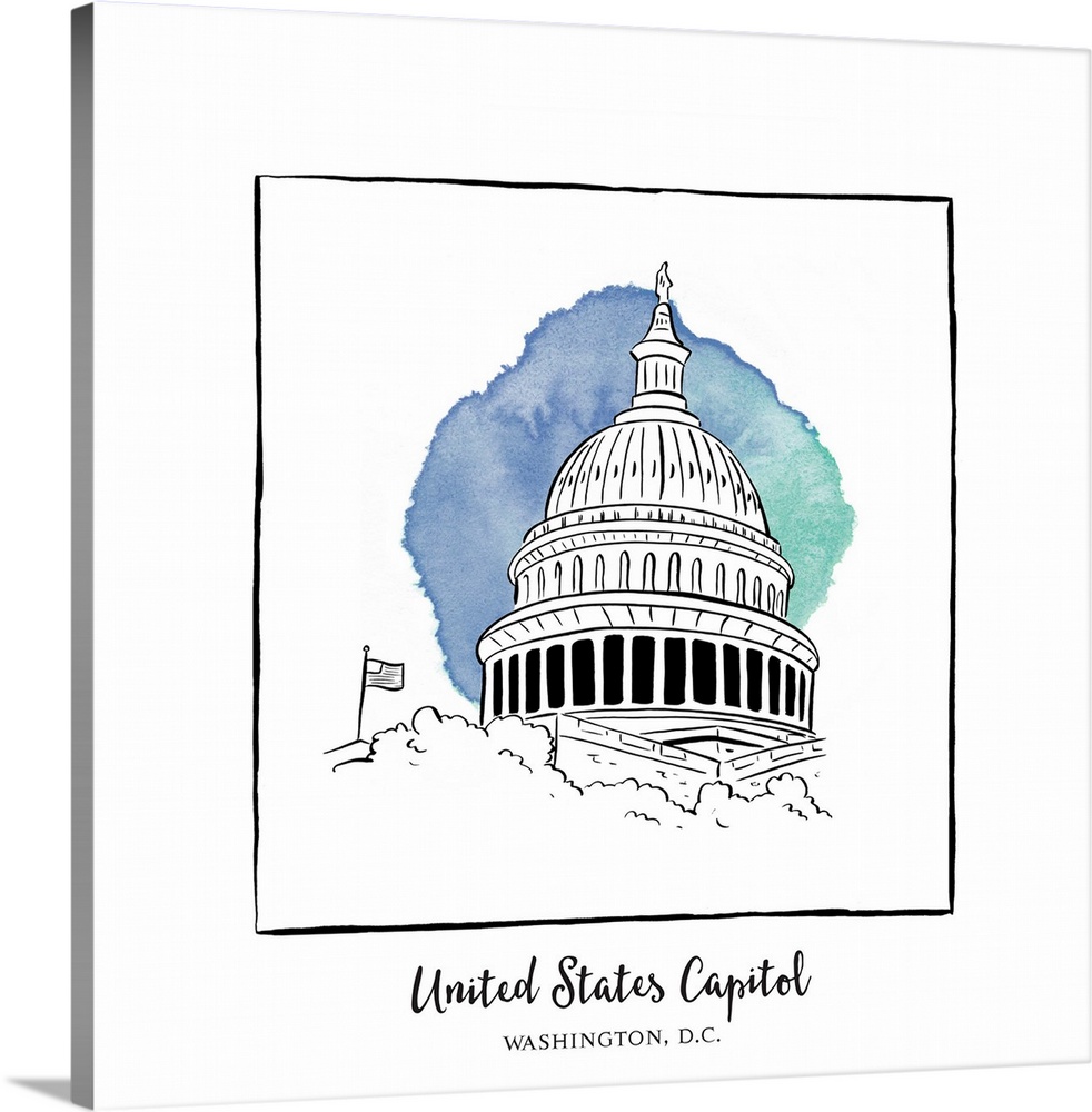 An ink illustration of the United States Capitol in Washington, D.C., with a lavender watercolor wash.