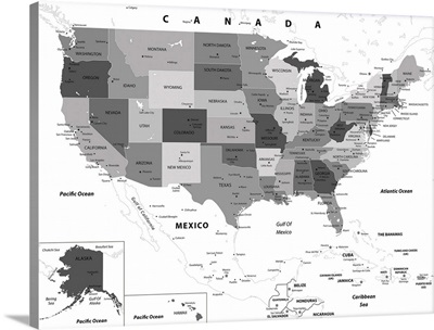 US Map - Black and White, Modern Text