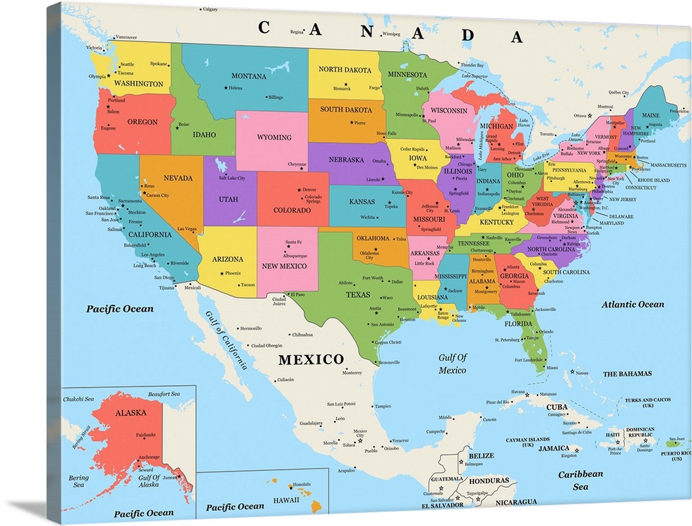 Large color map of the United States of America with a classic font.