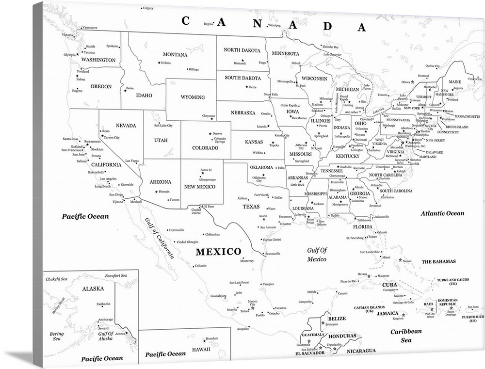 Black and white outlined map of the United States with a classic font.