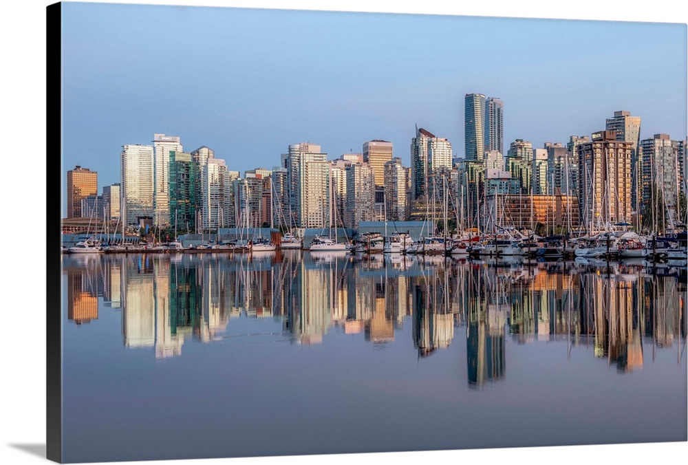 Vancouver skyline with boats in Vancouver, British Columbia, Canada.
