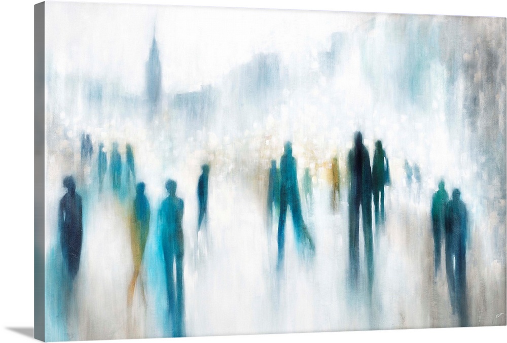 Contemporary abstract painting of elongated, silhouetted figures with cityscape in background.