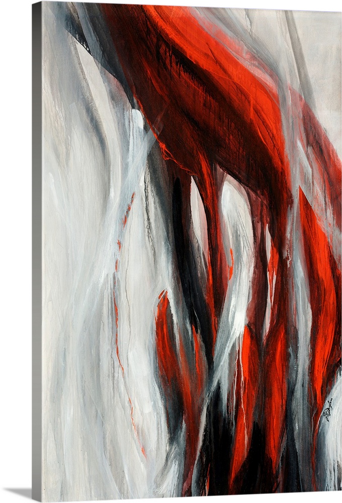 Contemporary abstract painting featuring long trailing strokes, resembling a hand under a hanging veil.