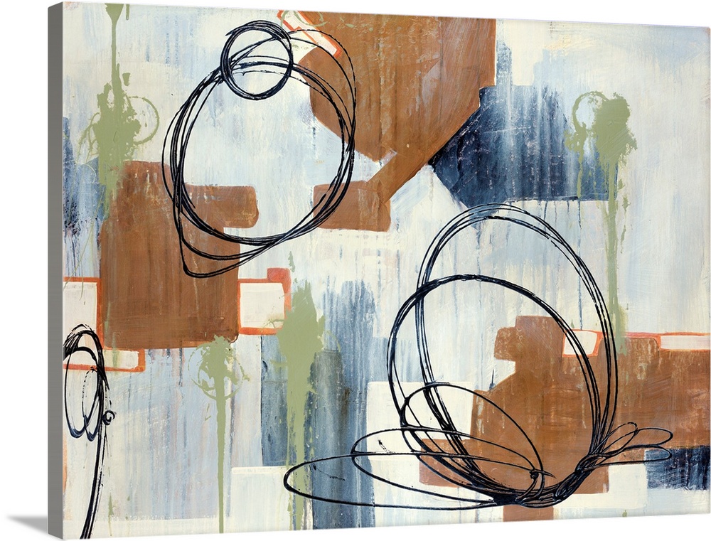 Abstract painting of circles and various other shapes on canvas.