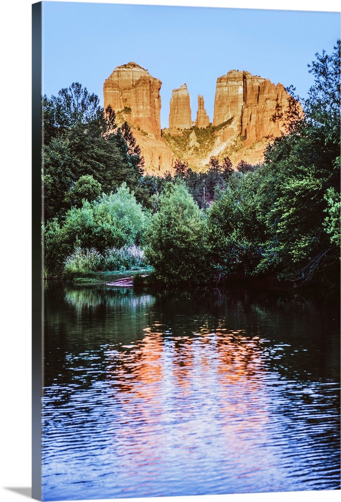 View of Cathedral Rock from Oak Creek in Sedona, Arizona.