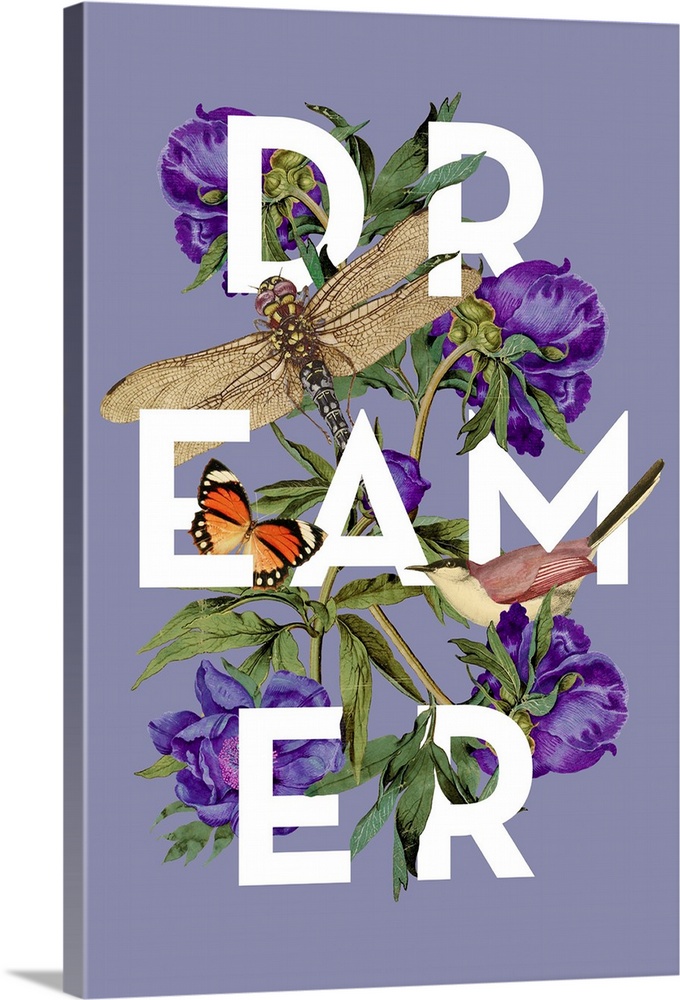 A collage of vintage flowers, birds and insects intertwined with the word Dreamer on a green background.