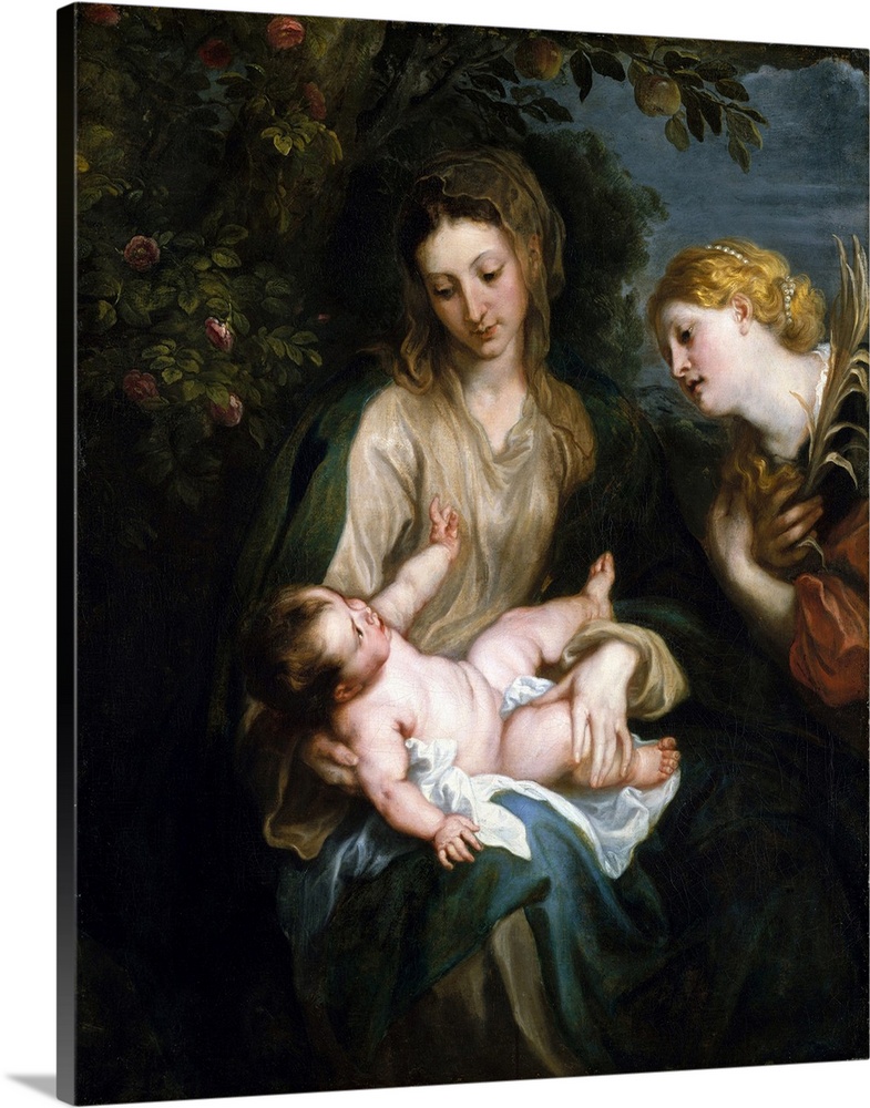 The infant Jesus responds with playful enthusiasm to an adoring Saint Catherine, a former princess identified by pearls an...