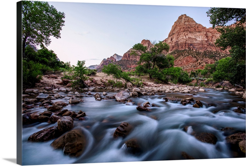 View of Virgin River with 'Bridge Mountain' peak in the background, Zion National Park, Utah.