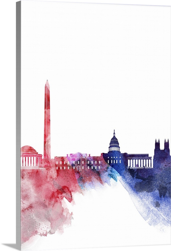 Washington DC Watercolor Cityscape - Red and Blue Wall Art, Canvas