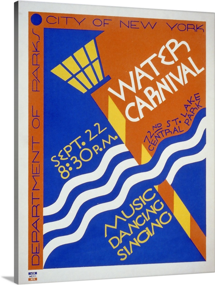 Water Carnival: Music, Dancing, Singing. Poster for City of New York Dept. of Parks, announcing water carnival in Central ...