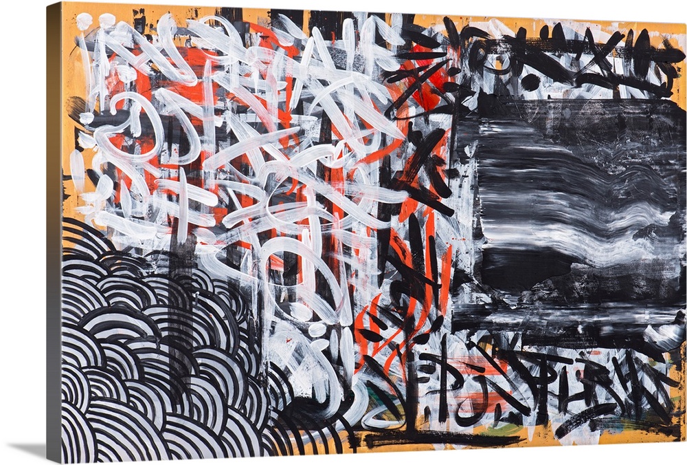 Urban abstract painting in orange, white, and black.