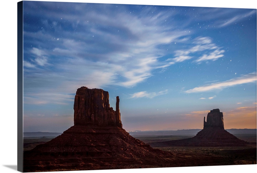 West and East Mitten Butte in Monument Valley after sunset, Arizona.