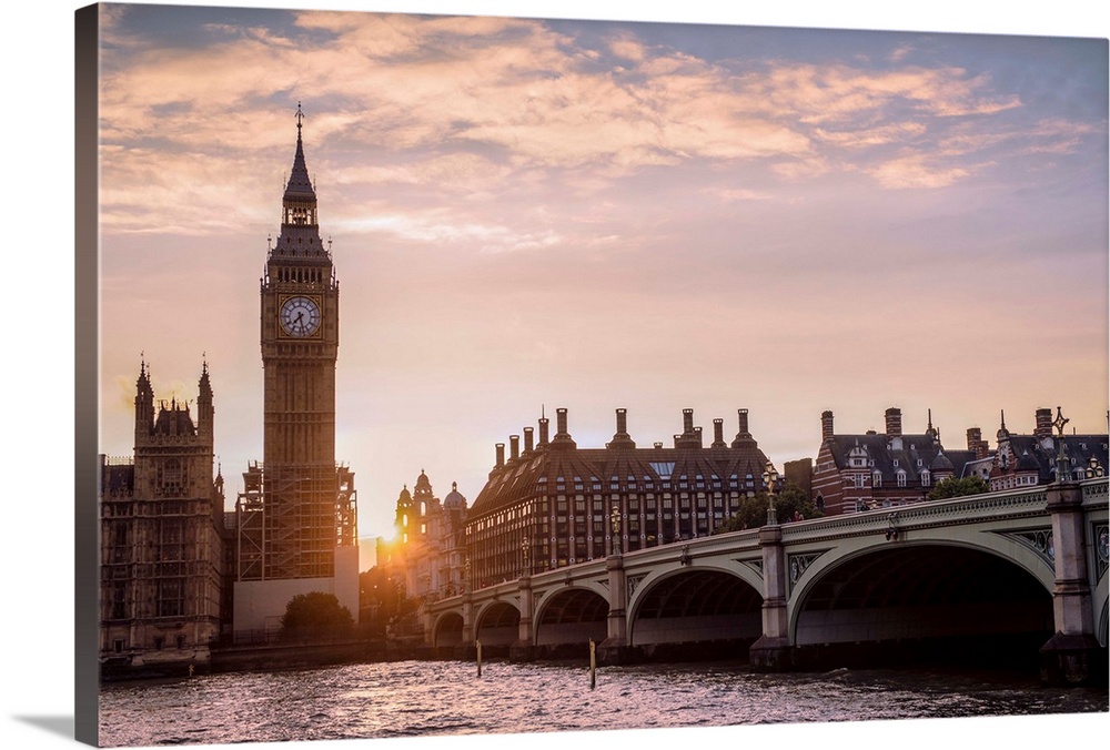 Panoramic photograph of the Westminster Bridge over the River Thames and Big Ben at sunset, Westminster, London, England, UK