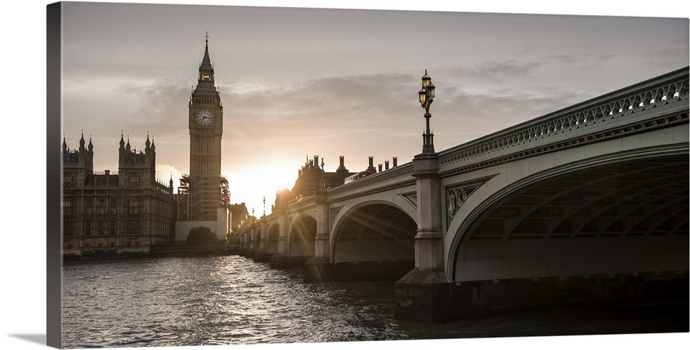 Photograph of the Westminster Bridge over the River Thames with Big Ben in the background at sunset, Westminster, London, ...