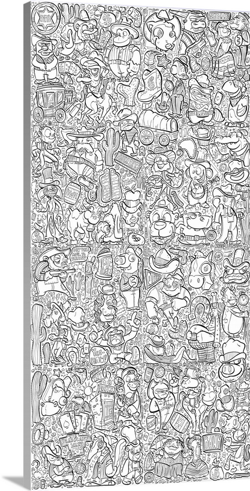 Kids' coloring line art featuring dozens of fun animal characters with a Wild West theme, including bandits, sheriffs, and...