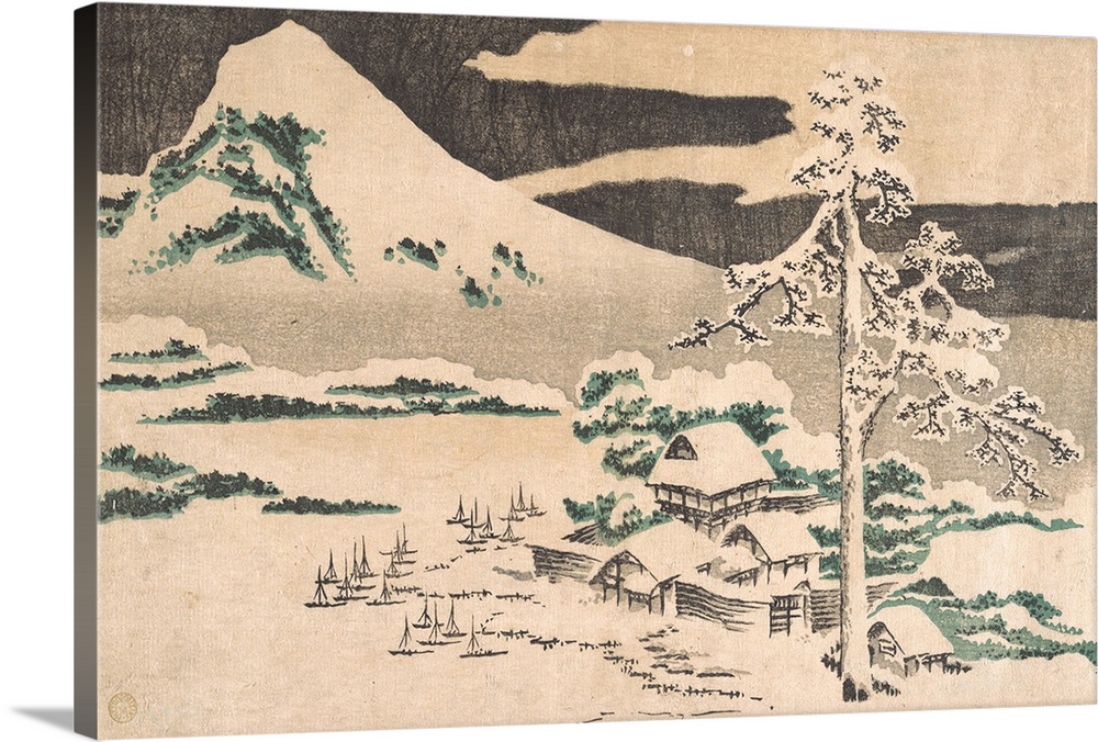 Woodblock print of a snow-covered tree and house under a mountain in the winter.