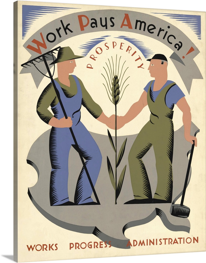 Work pays America! Prosperity. Poster for Works Progress Administration encouraging laborers to work for America, showing ...