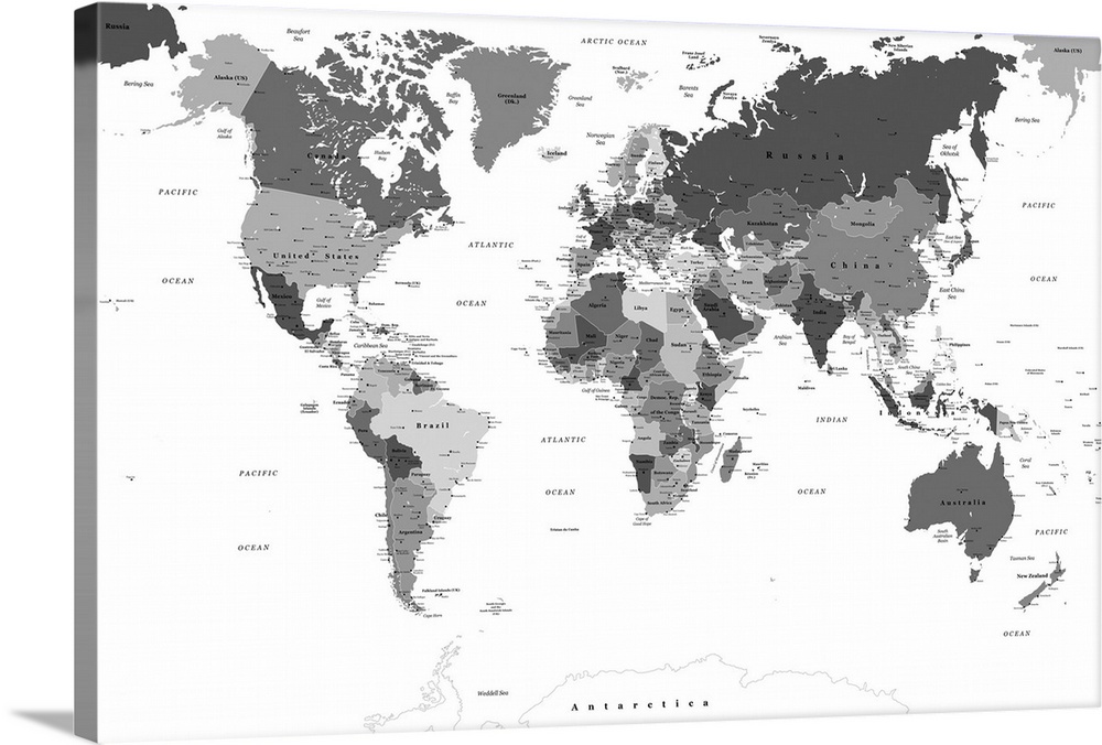 Large black and white map of the World with a classic font.