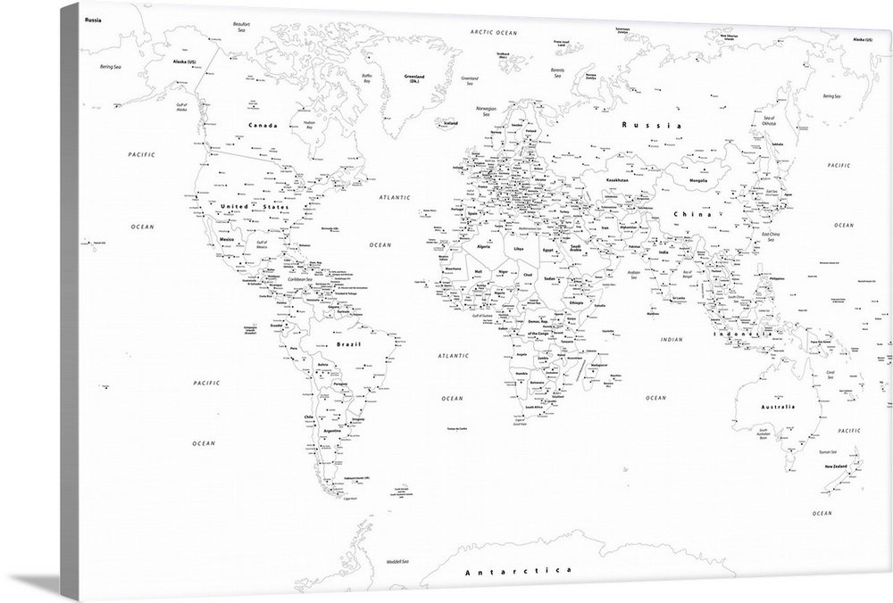 Black and white outlined map of the World with a modern font.