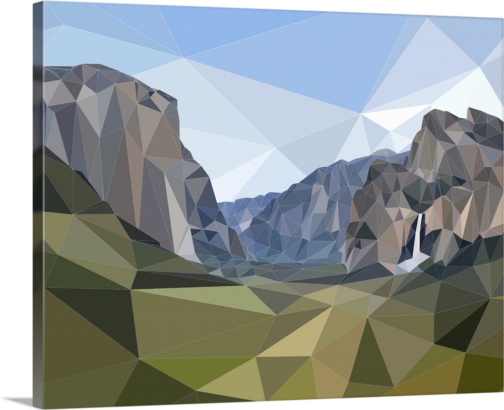 Half Dome and Yosemite Falls in Yosemite National Park, California, rendered in a low-polygon style.