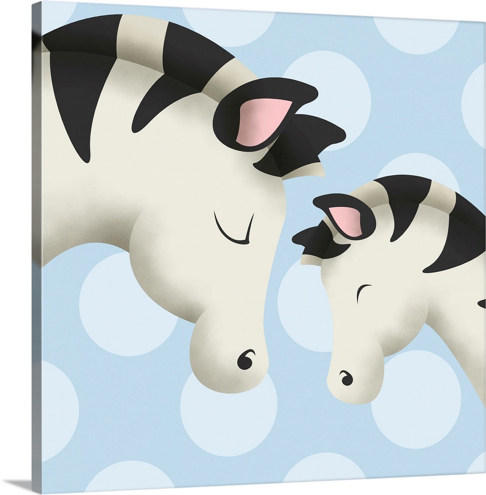 Nursery art of a mother zebra and her baby on a blue polka-dot background.