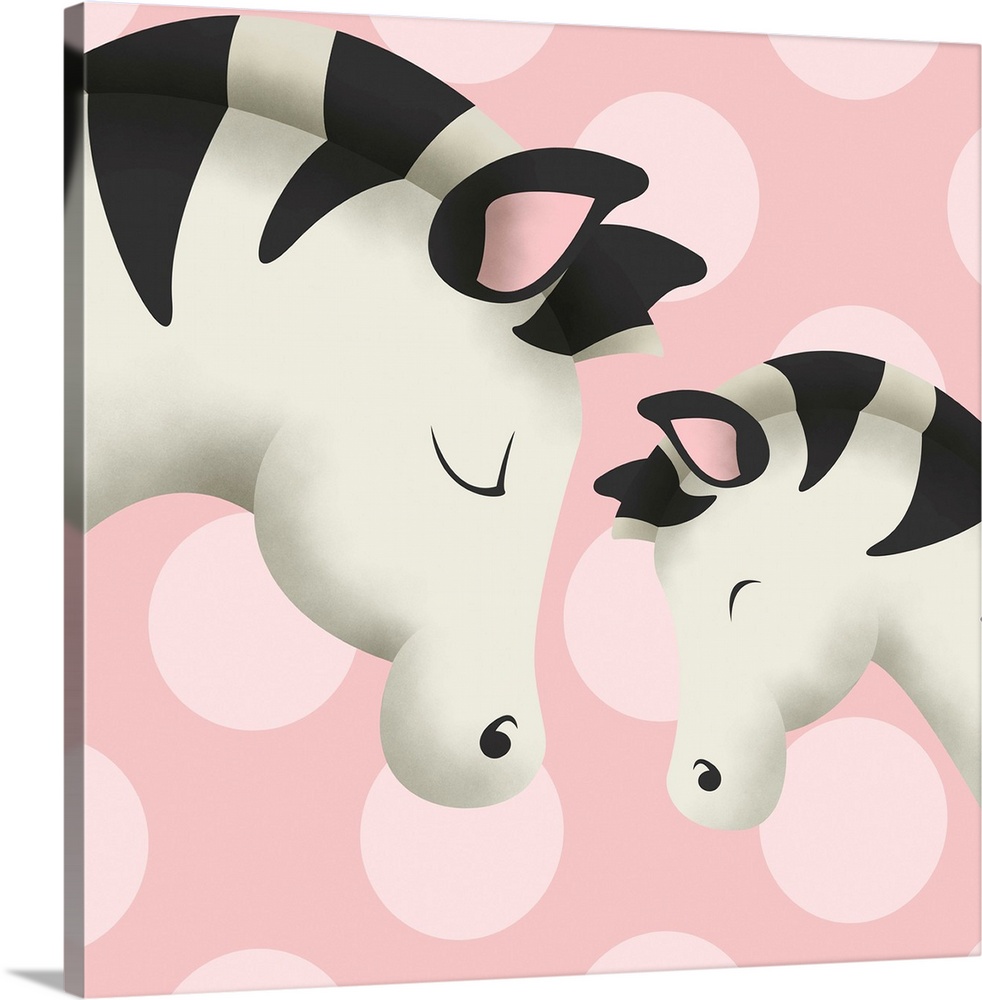 Nursery art of a mother zebra and her baby on a pink polka-dot background.