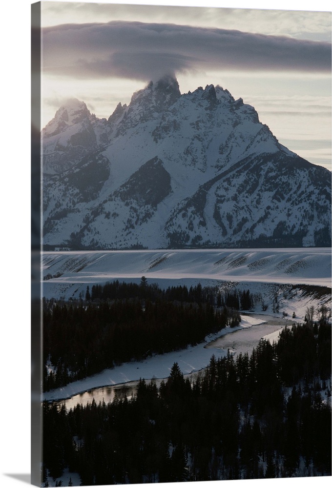 Grand Teton Mountain and the Snake River in winter.