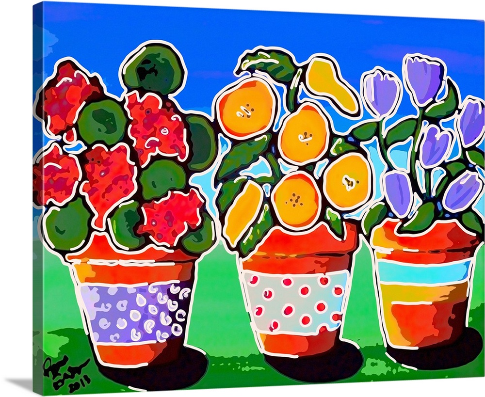 Stylized version of folk art painting of 3 colorful, whimsical pots of flowers.