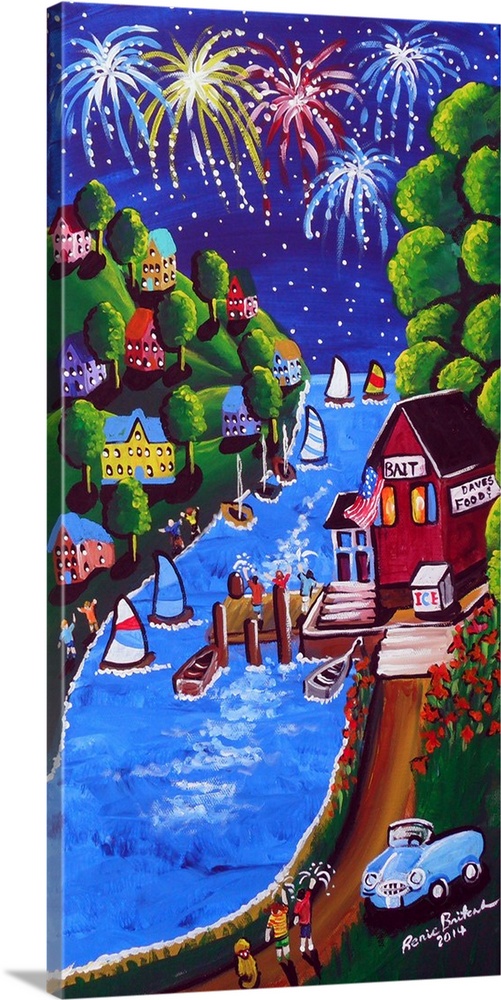 Panel painting of a 4th of July scene along a river filled with boats and surrounded by houses with fireworks in the sky.