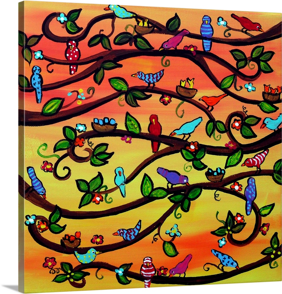 Fun and funky scene with colorful birdies and blossoms against an orange and  yellow background.