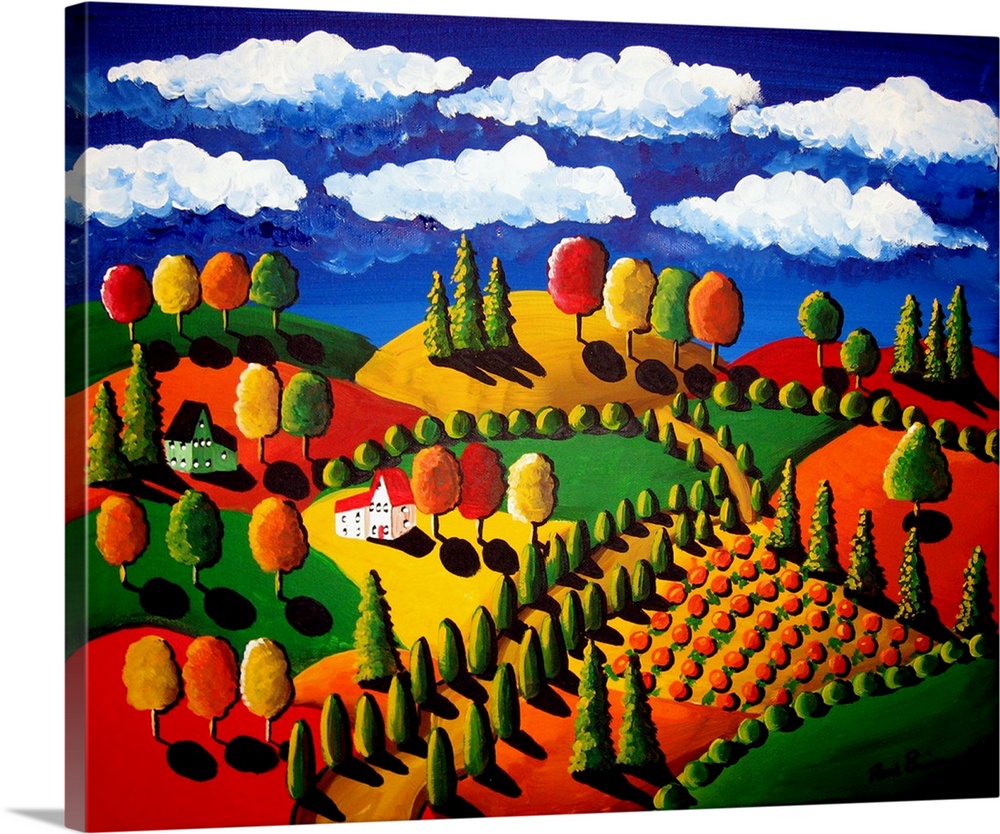 Fun, whimsical, folk art piece depicting houses, trees, farmland, rolling hills with lots of color.
