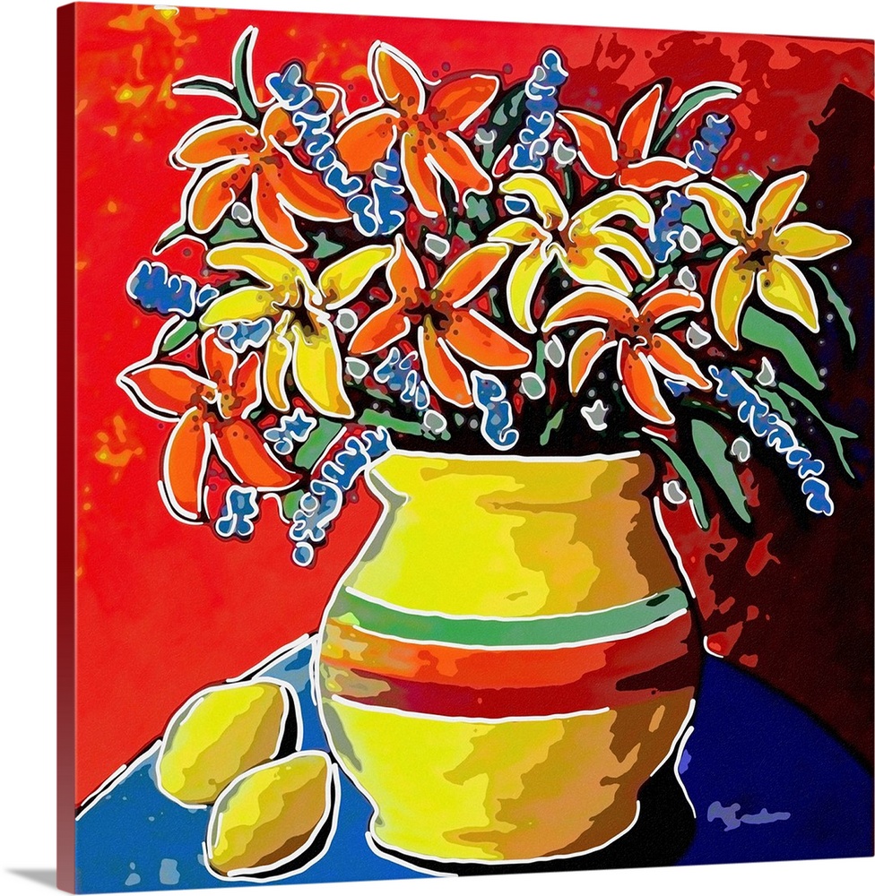 This is a stylized still life with lillies and lemons.