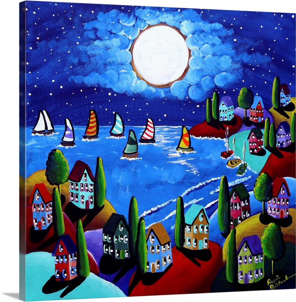 Full moon is reflecting below, where colorful sailboats and whimsical houses are.