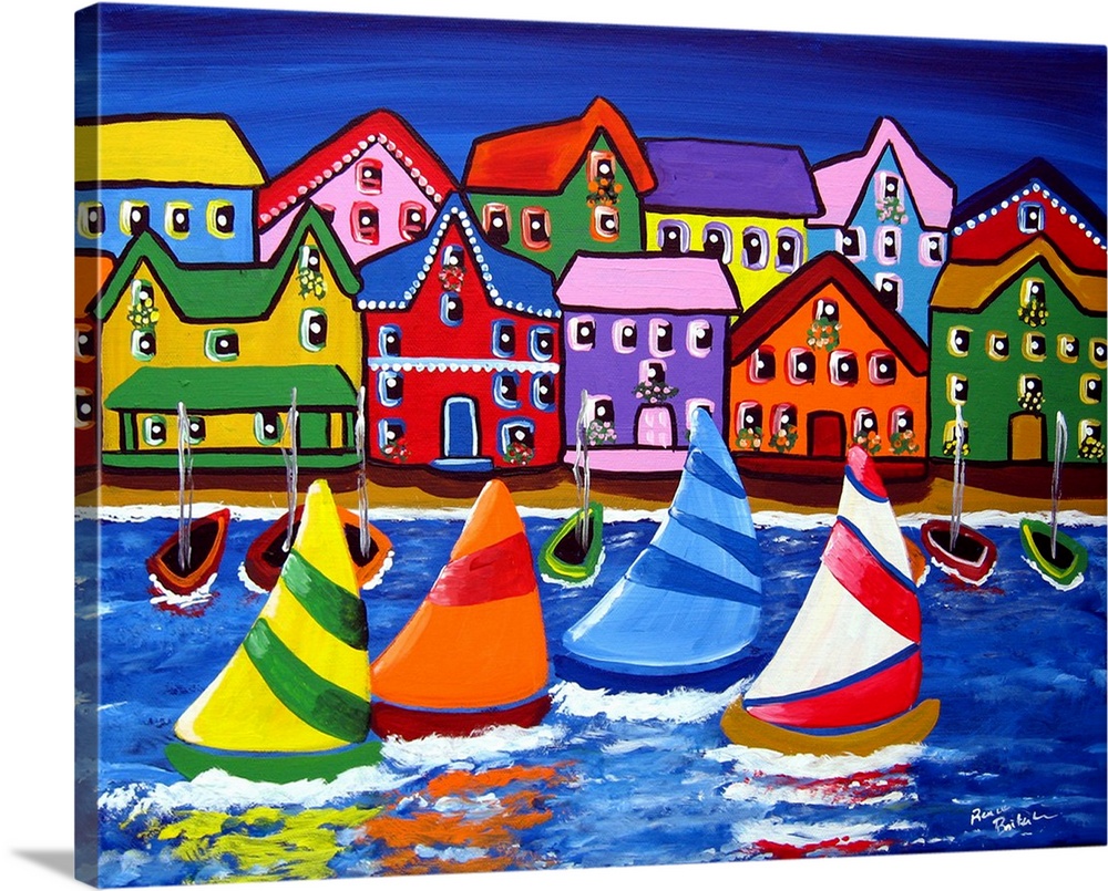 Sailboats drift by a colorful shore.