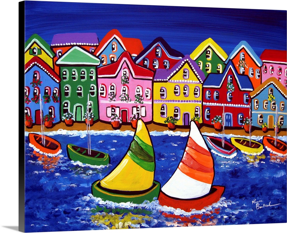 Colorful buildings line the shoreline, while sailboats drift by.