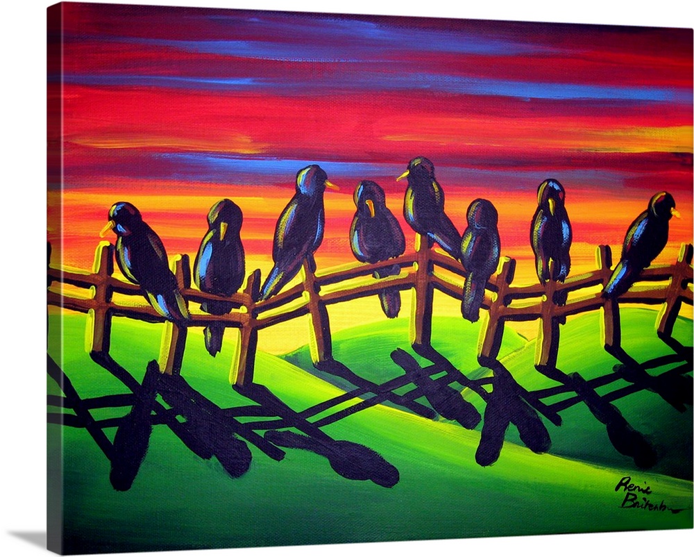 Colorful Fall sunset is the backdrop to a group of crows who've perched on a fence.