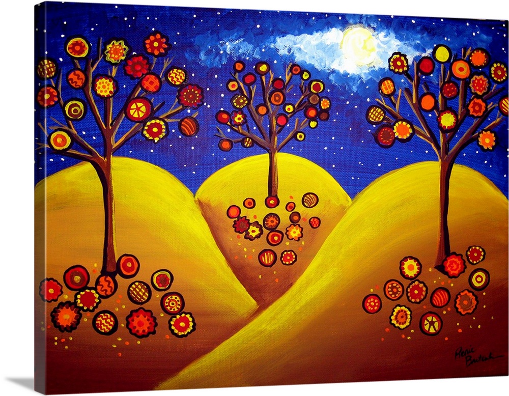 Whimsical funky trees on a fall landscape, under the night sky and full moon.