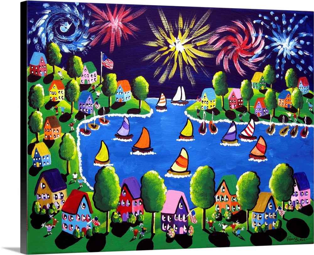 Fun celebration in folk art style with fireworks going off overhead as people watch from the shoreline. Sailboats drift by...