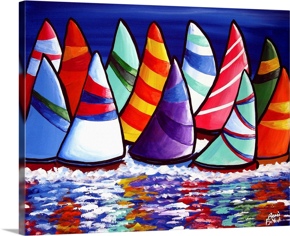 Whimsical grouping of sailboats reflecting in the water.