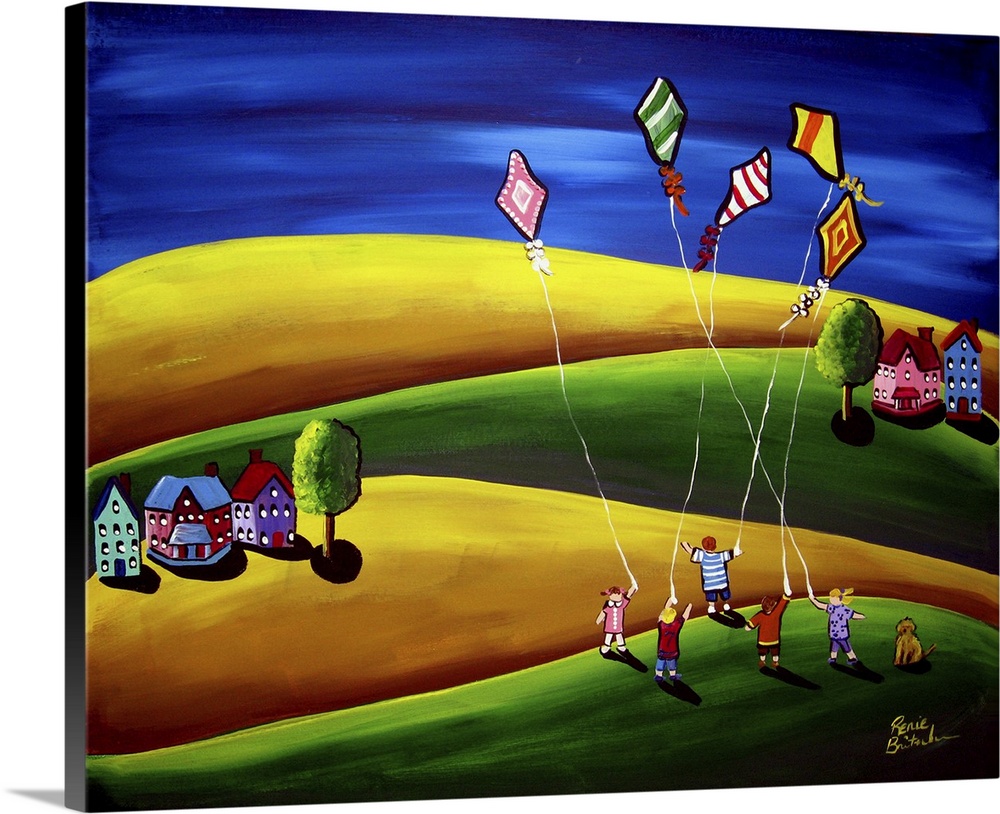 Colorful, whimsical folk art with children flying kites against a deep blue sky.