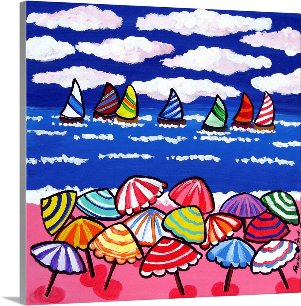Colorful umbrellas and sailboats in a whimsical beach scene.