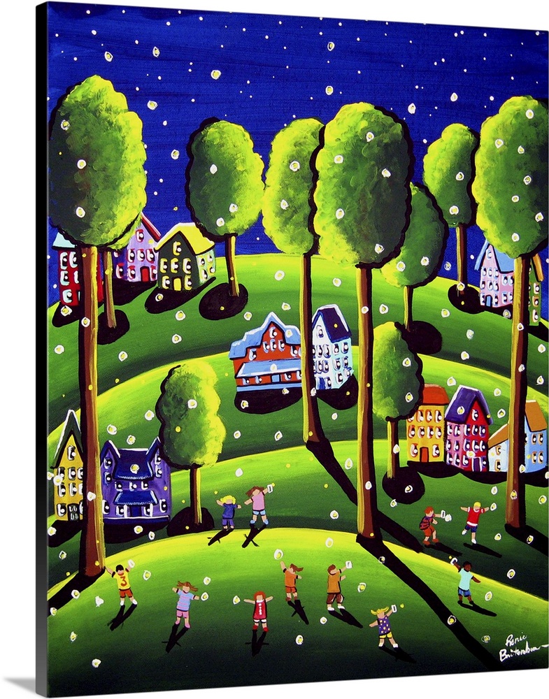 Whimsical scene with children catching fireflies in front of the neighborhood houses.