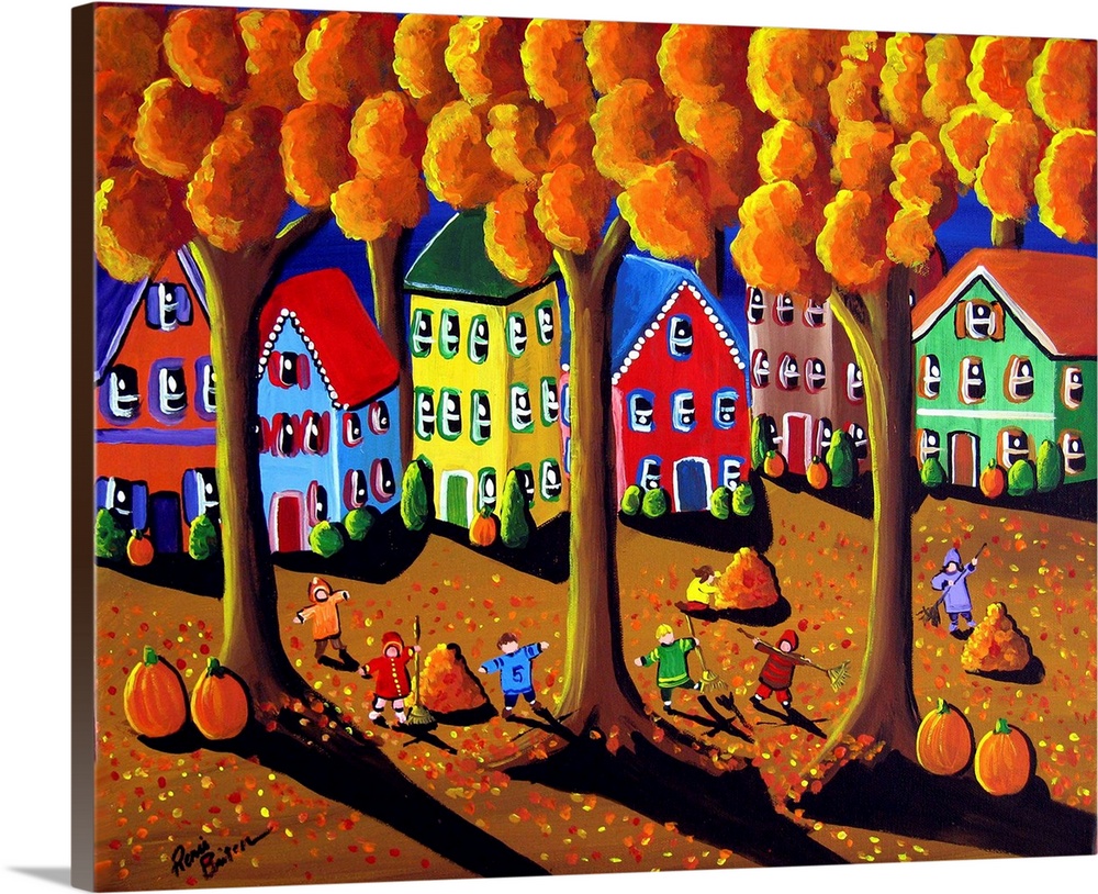 Fun folk art piece with the neighborhood children who've gathered to rake leaves. They plan on running and jumping in them...
